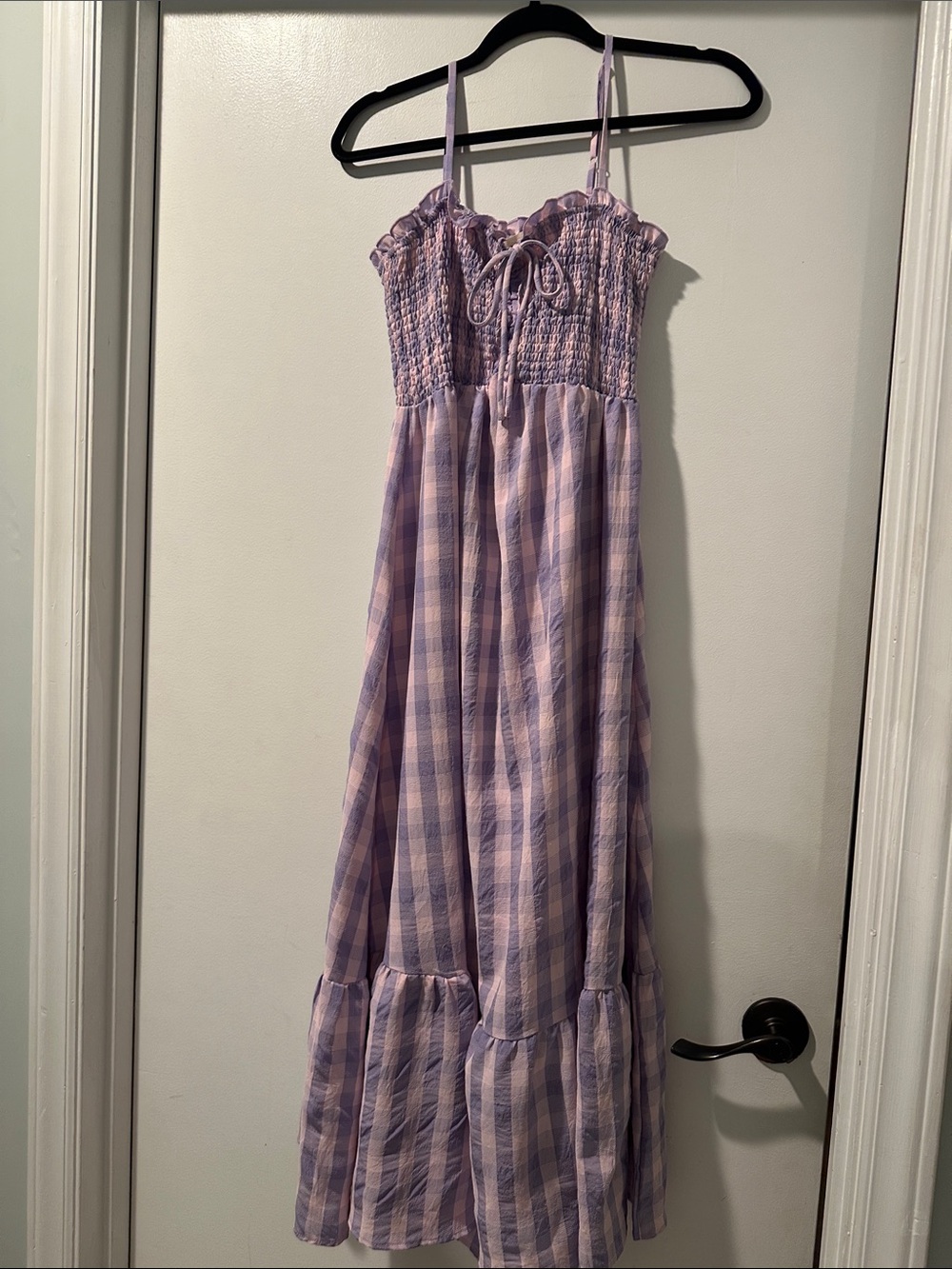 Lavender Plaid Smocked Maxi Dress with Ruffle Hem
